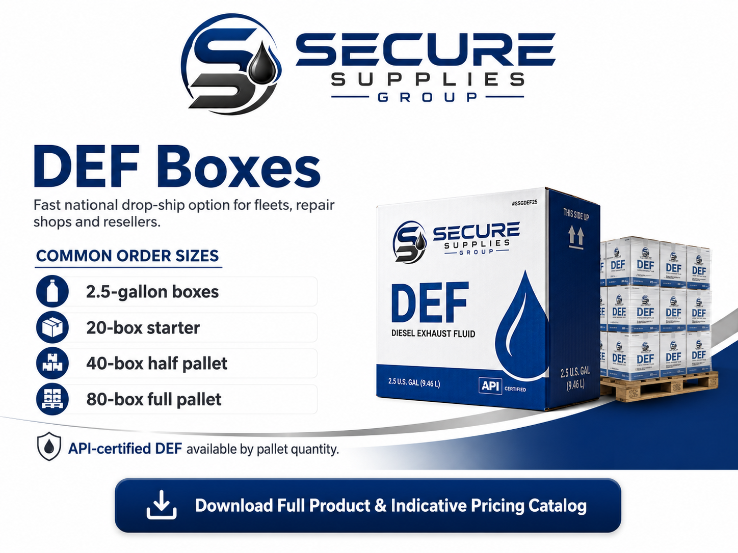 DEF boxes and packaged AdBlue supply for fleet, shop, and field delivery programs